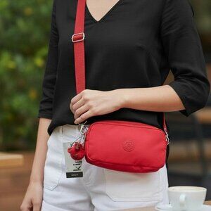 KIPLING Amelia Red Nylon Crossbody Convertible Wallet Clutch Cherry